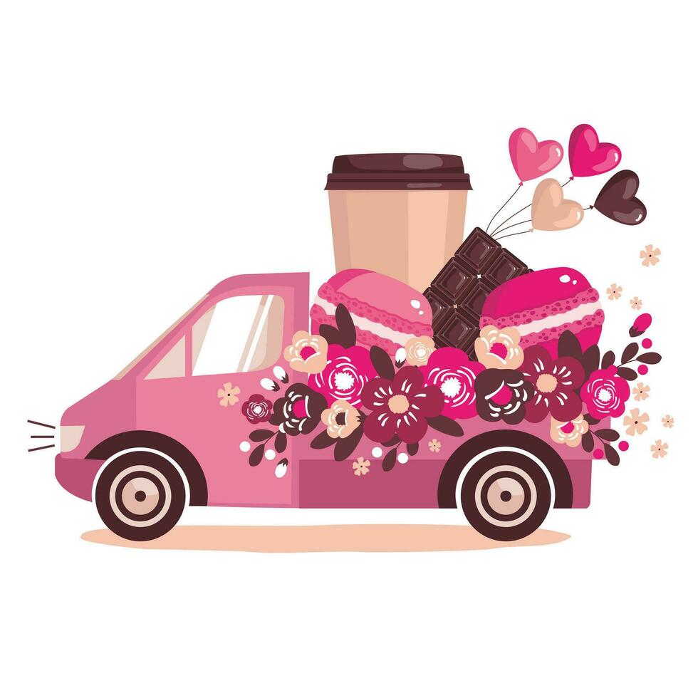 The car delivers a coffee cup and macaroons. Vector clipart.