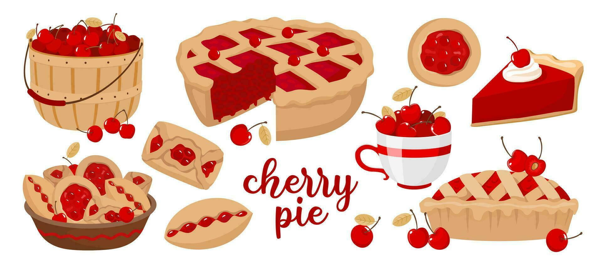 Cherry pie set. A cut pie, a piece, a wicker basket with a berry harvest. vector