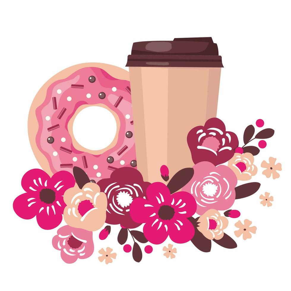 Glazed donut and coffee cup with flowers. Vector clipart.