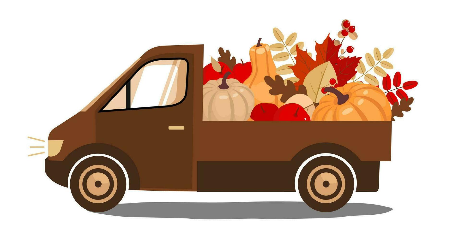 A brown truck is transporting an autumn harvest of pumpkins. vector