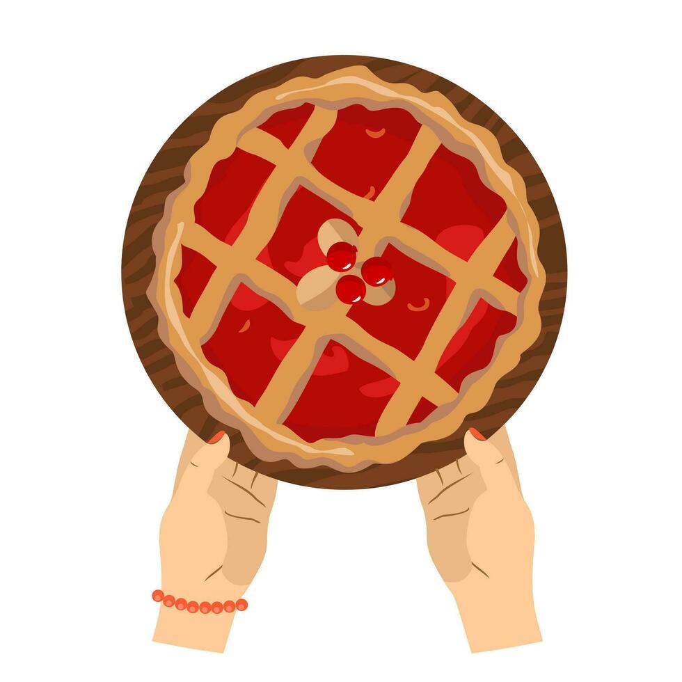 Apple pie on a wooden board in his hands. Vector illustration.