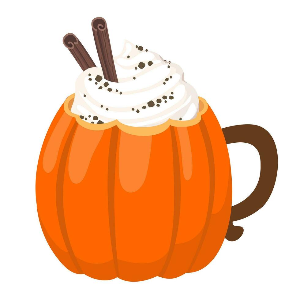 Cinnamon pumpkin latte cup. Cup in the shape of a pumpkin. Pumpkin coffee with cream. Illustrated vector element.