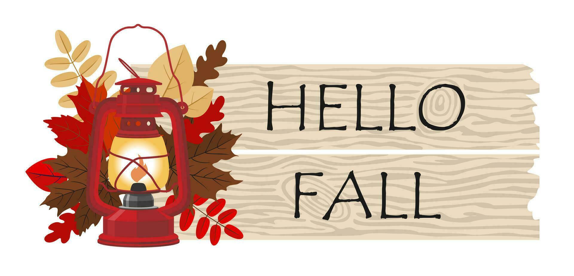 Vintage lantern with autumn leaves and wooden signage HELLO FALL. Autumn composition with oil lamp and leaves. Illustrated vector element.