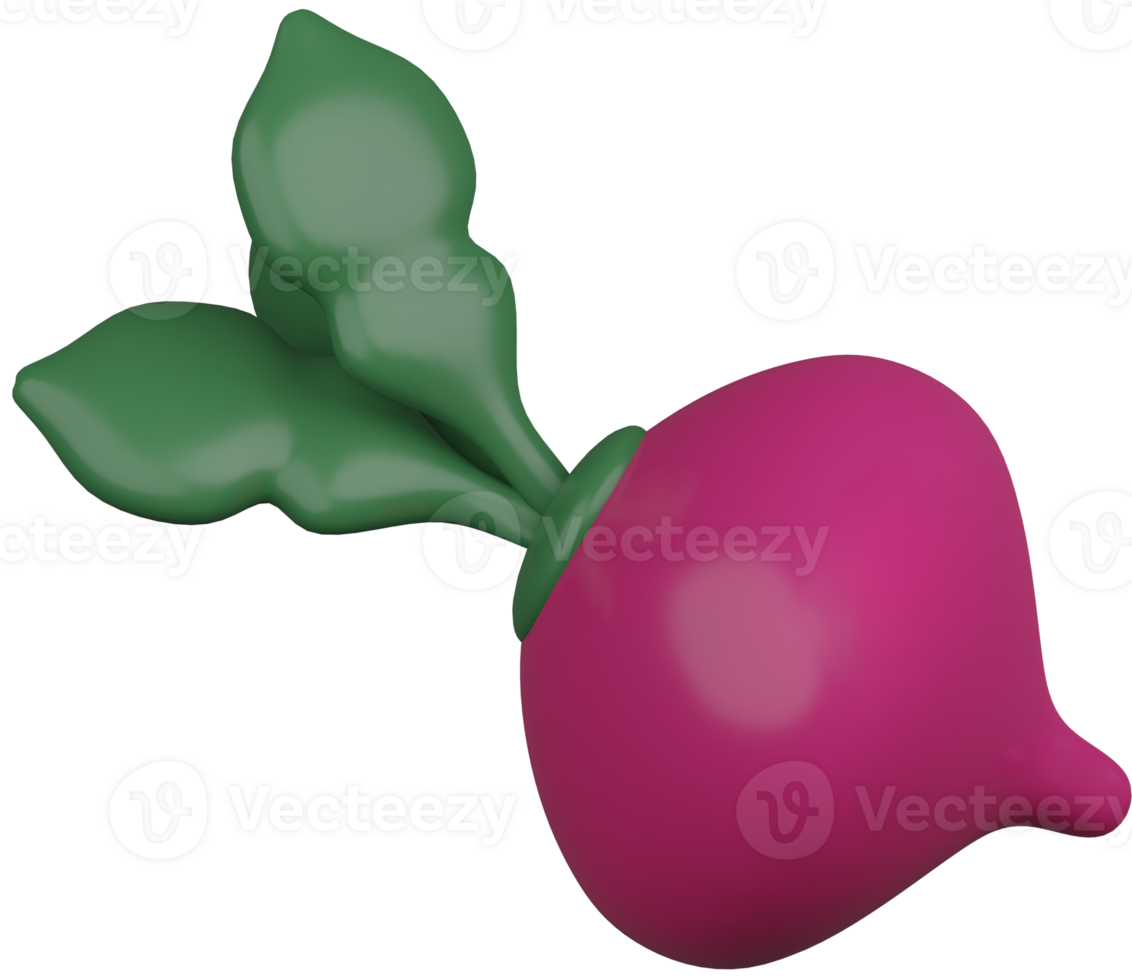 3D illustration render vegetable radish lilac with green leaves on transparent background png