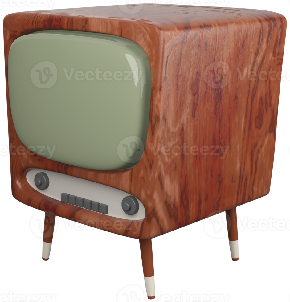 3D illustration render model of old TV in brown wooden case on legs on transparent background png