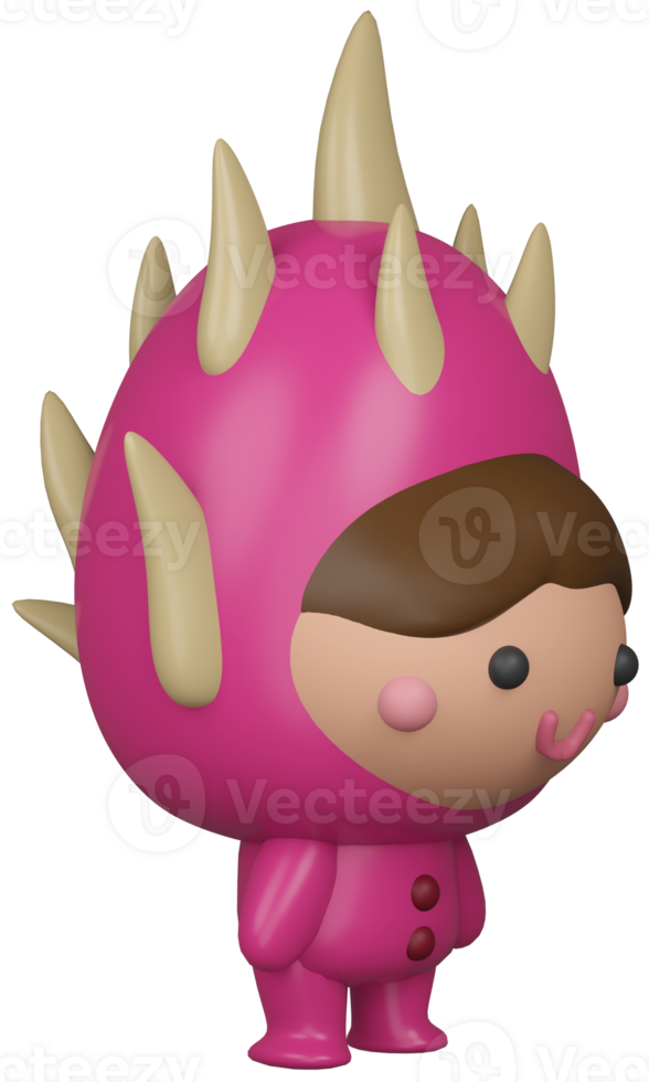 3D illustration render pink character dragon fruit girl on transparent background png