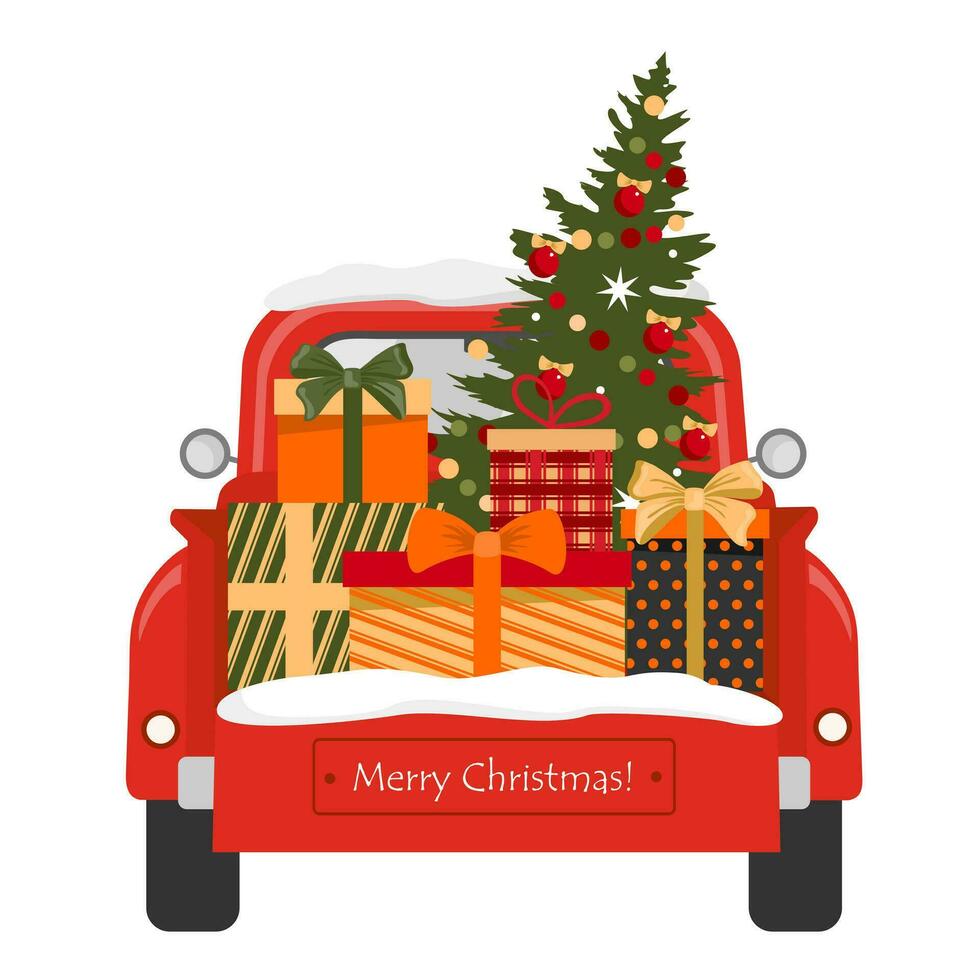 Red car with a Christmas tree and presents in the trunk. Red truck with Christmas presents in the back. Illustrated vector element.