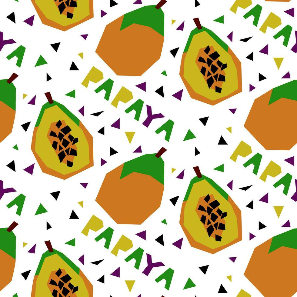 A pattern with an abstract image of papaya and a name in the form of geometric shapes. Colorful textile print in tropical style. Packaging for products with a certain taste. Stylized flat vector