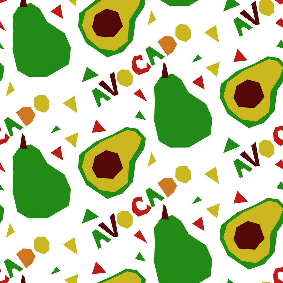 A pattern with an abstract image of an avocado and a name in the form of geometric shapes. Colorful textile print in tropical style. Packaging for products with a certain taste. Stylized flat vector