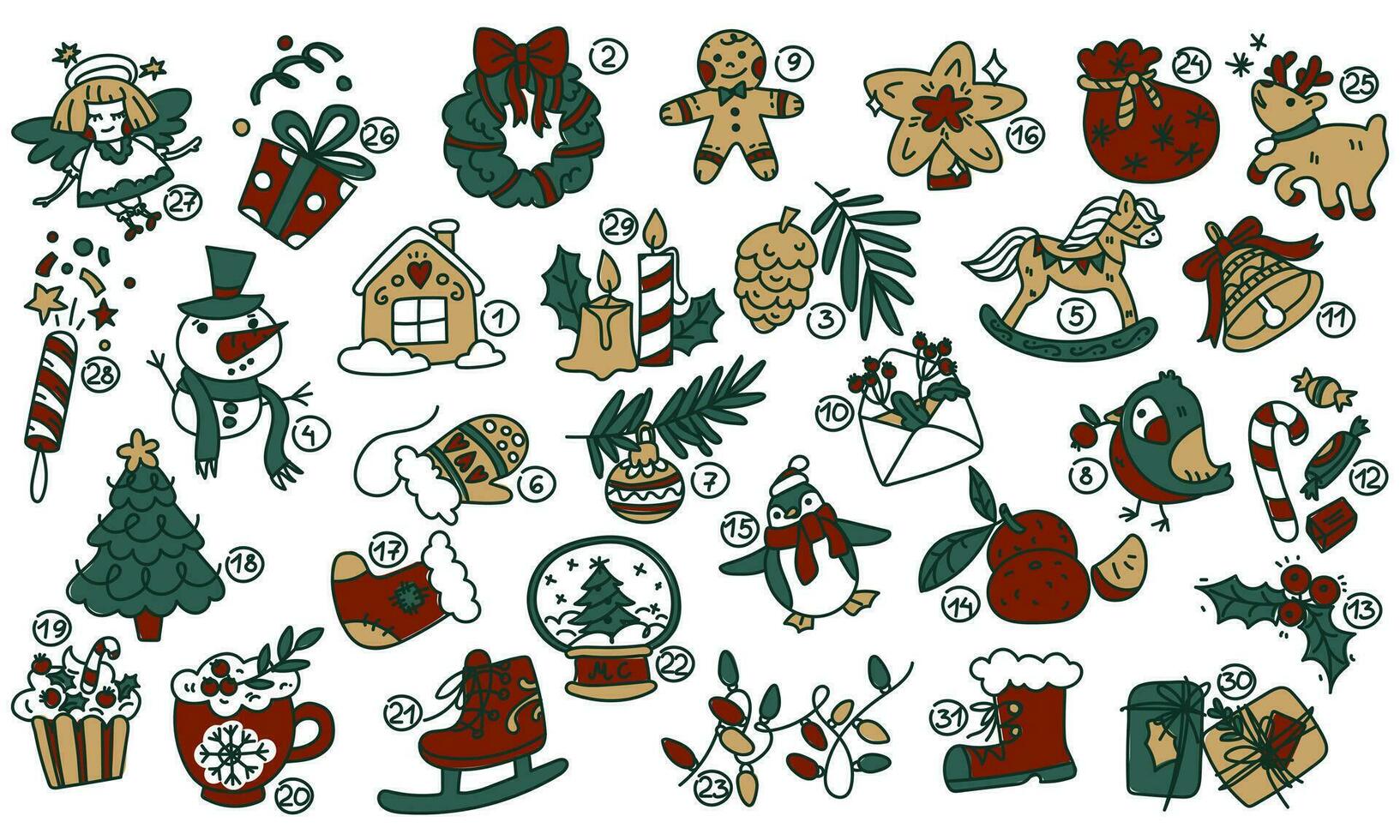 A large color set of items to create a Christmas and New Year mood in retro style. Vector illustrations drawn by hand. Drawings of Christmas accessories, food, comfort items. Winter theme on a white