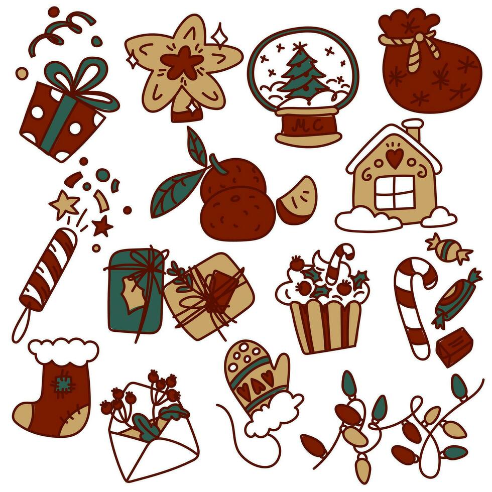 A set of colored objects for the Christmas mood in retro style. Vector illustrations drawn by hand. Drawings of Christmas accessories, food, comfort items. Elements with a red outline on white