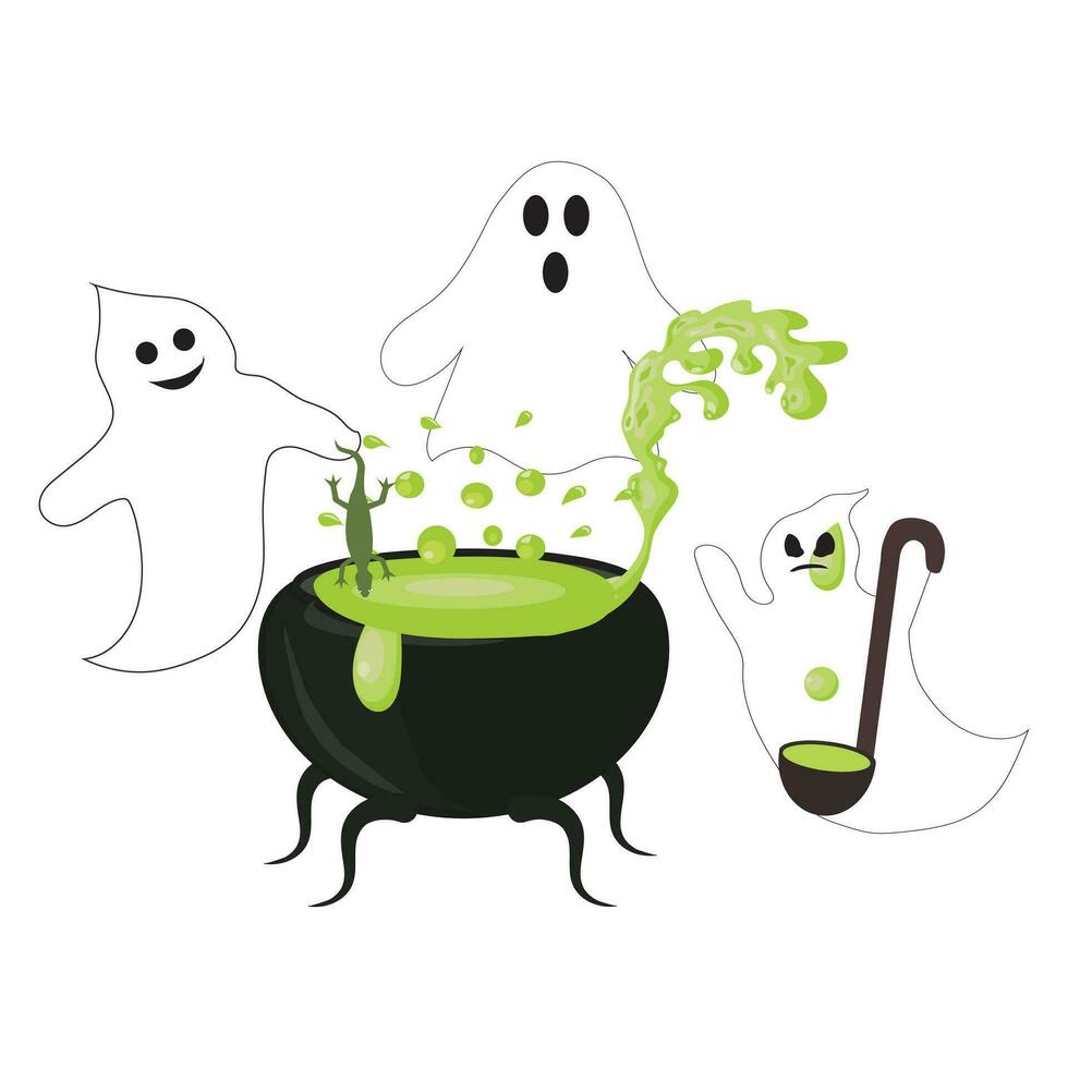 Three ghosts are brewing a magic potion in a cauldron. Vector illustration for Halloween.