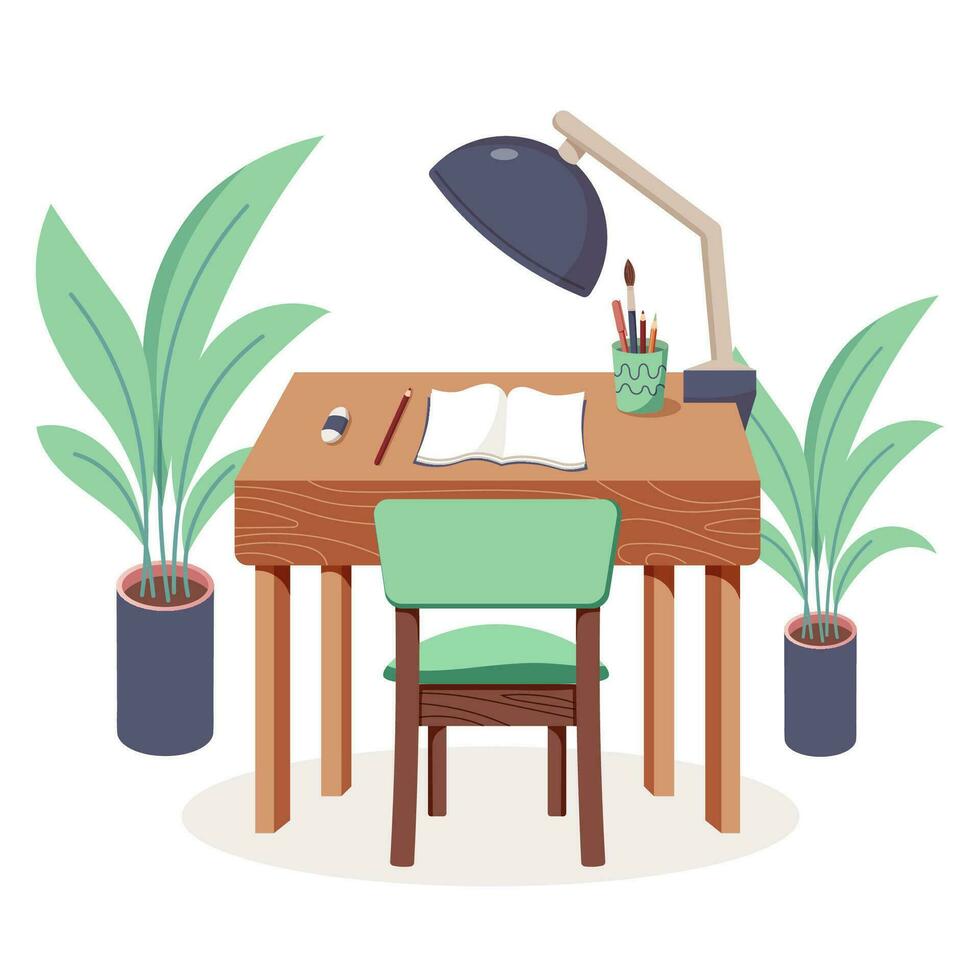 School workplace. Back to school concept. School supplies and plants. Vector illustration in cartoon flat style.