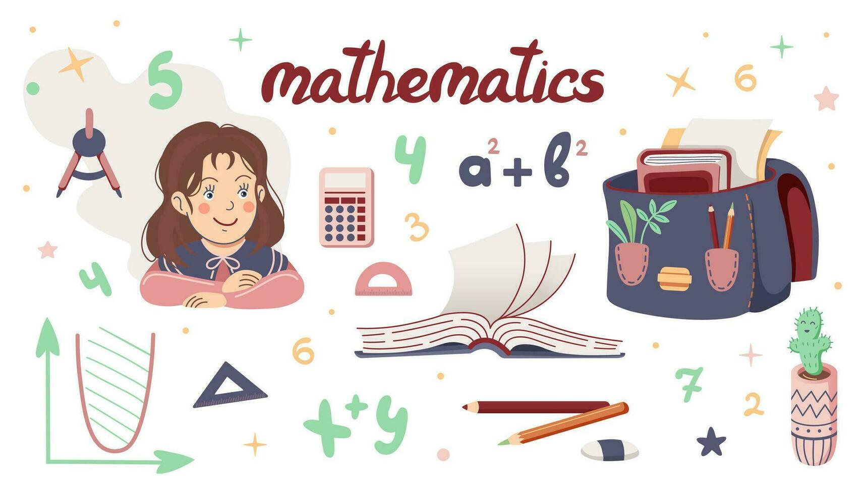 Set of School illustrations. Happy girl. School supplies and different decoration elements. Vector Mathematics set. Back to school Flat illustration.