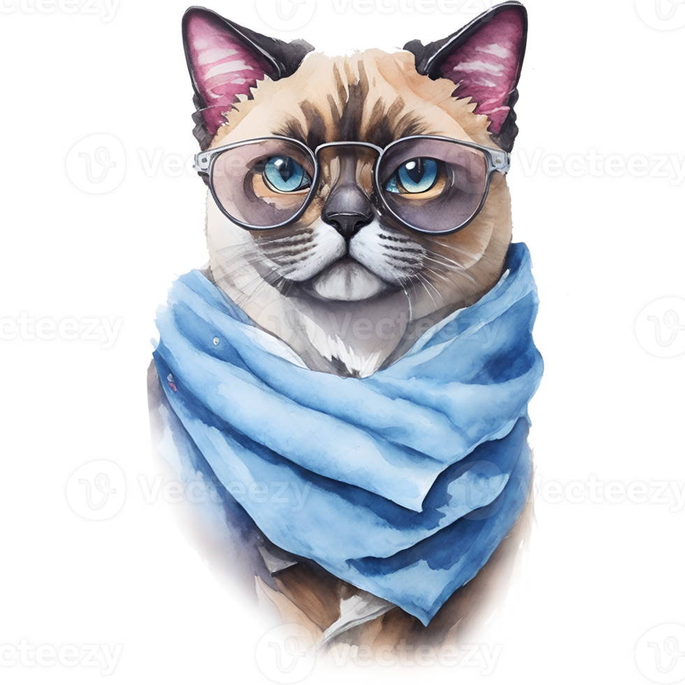 a cat wearing glasses and a blue scarf, AI Generative png