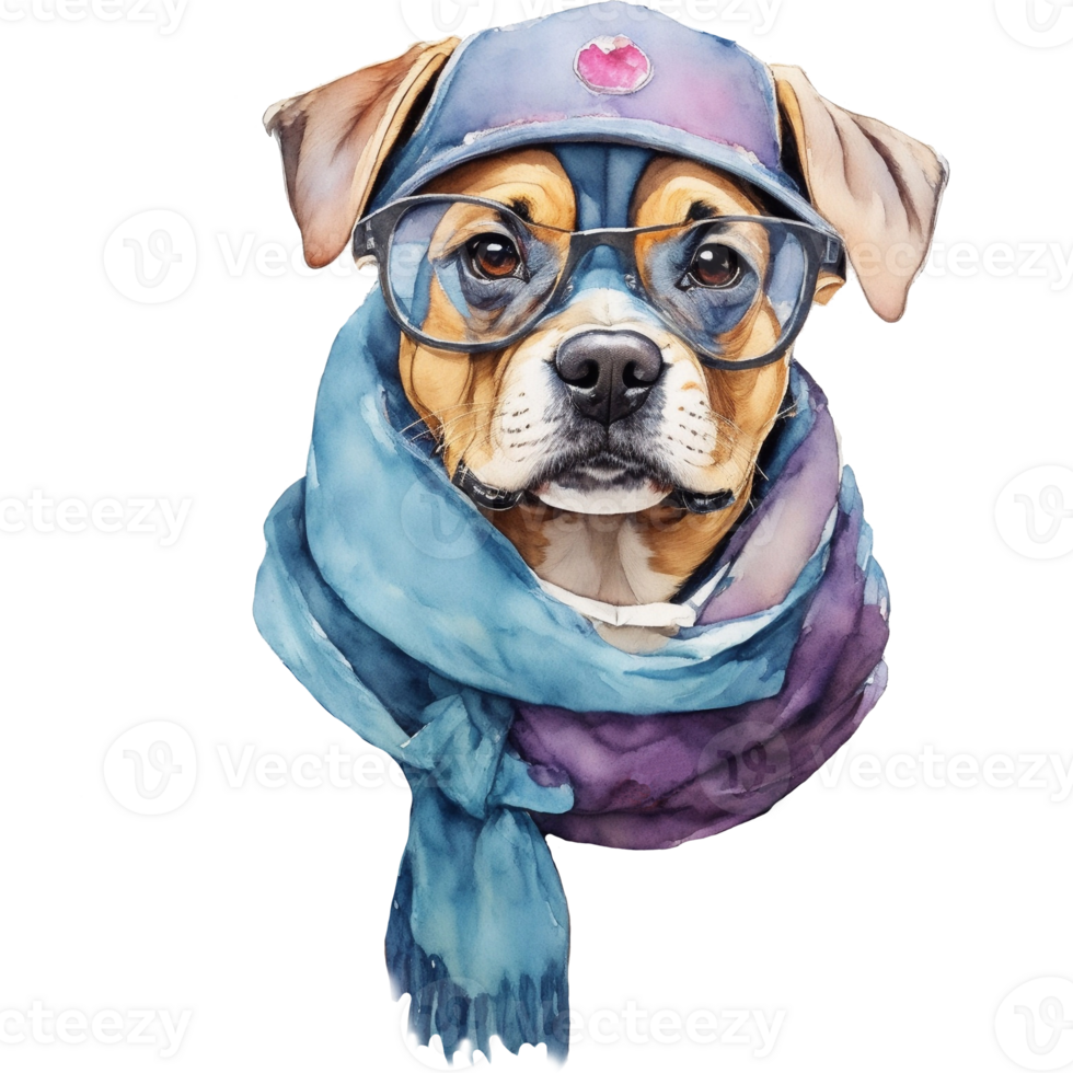 watercolor dog wearing glasses and a scarf, AI Generative png