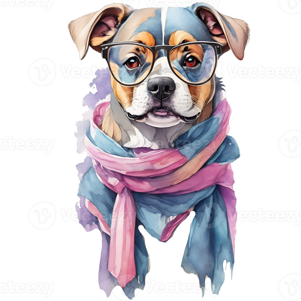 watercolor illustration of a dog wearing glasses and a scarf, AI Generative png