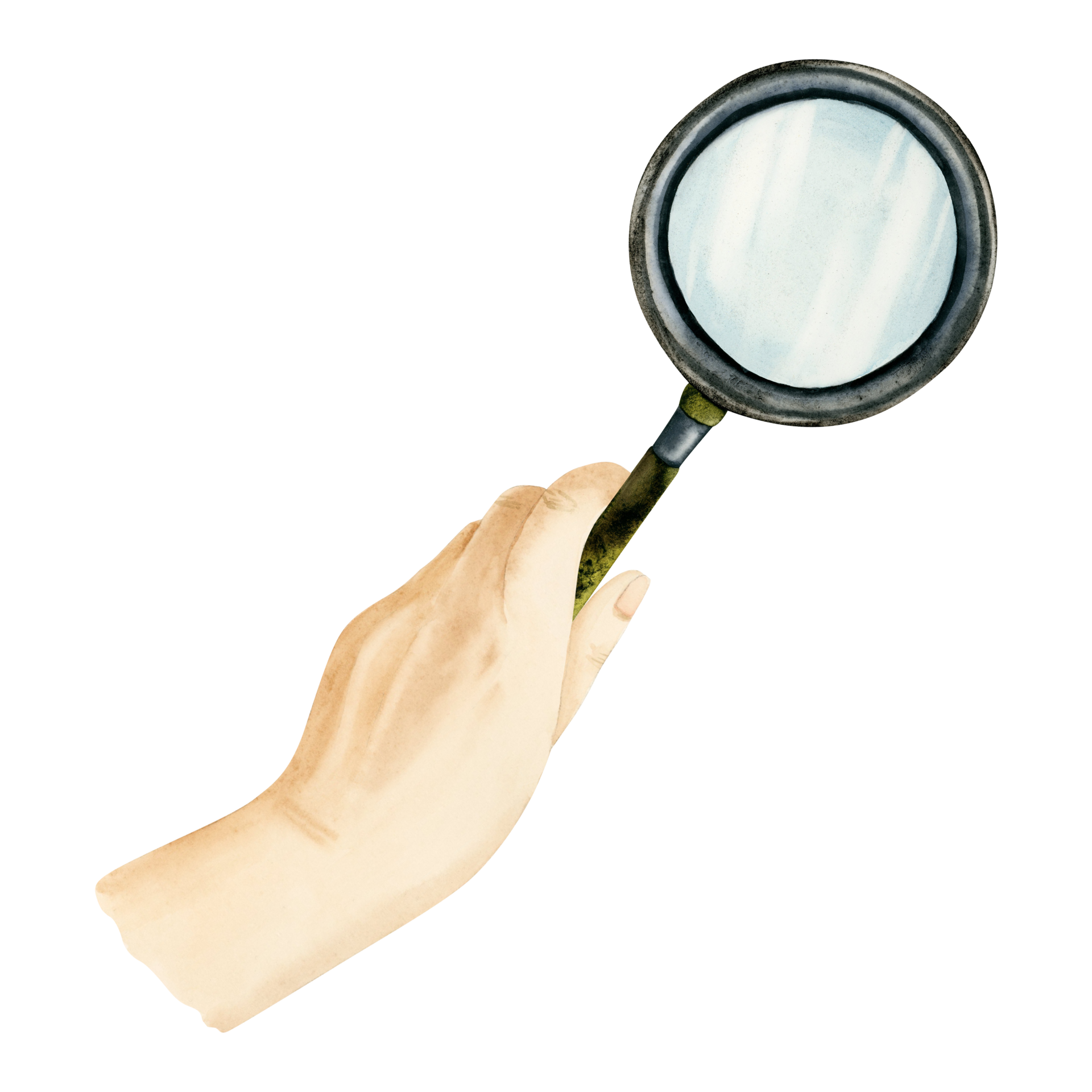 Researcher or detective hand holding a magnifying glass, loupe with  metallic handle watercolor illustration. Hand drawn magnifier clipart  28153230 PNG