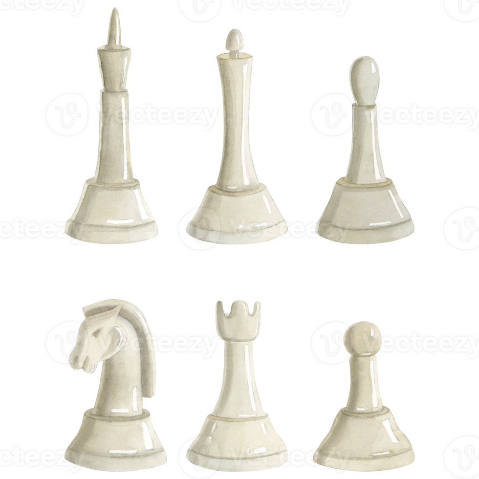 Watercolor white chess pieces illustration set. Hand drawn realistic watercolor clipart of king, queen, knight, rook, bishop, pawn for hobby sport designs png