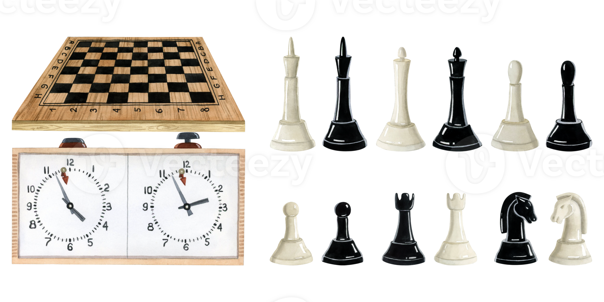 Watercolor chess board, clock and pieces full set of hand drawn realistic illustration. Empty wooden chessboard with figures for intellectual game competition png