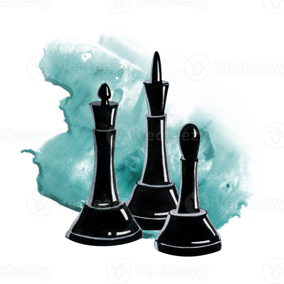 Black king, queen and bishop chess pieces on dark teal blue watercolor splash illustration. Realistic figures for intellectual board games clubs artistic designs png