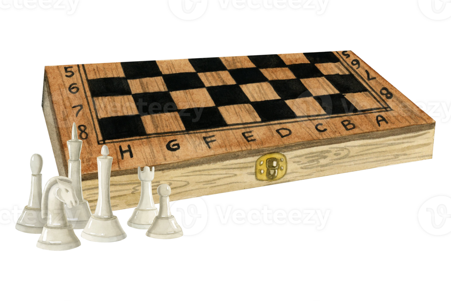 Watercolor wooden chess board box with white figures of king, queen, bishop and knight illustration for intellectual game clubs, quests and quizzes png