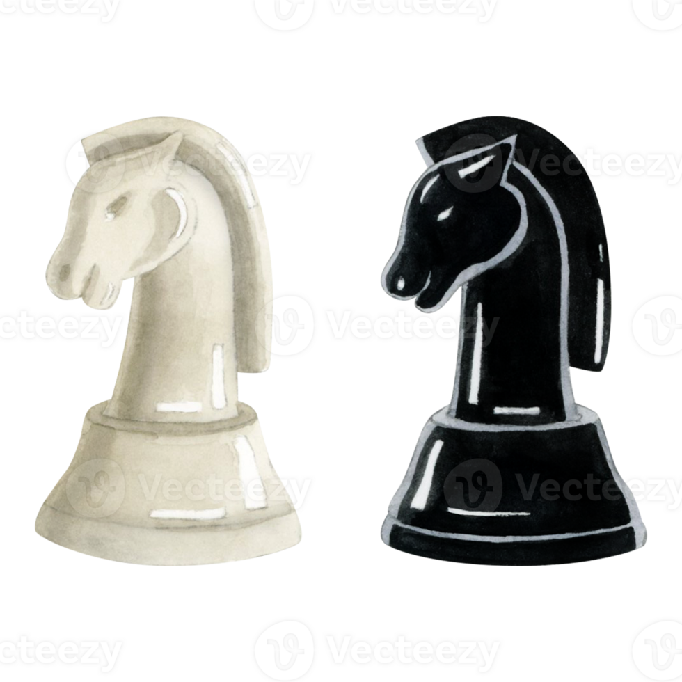 aguarela xadrez cavaleiros peças Preto e branco ilustração. realista  figuras do cavalo cabeças para xadrez dia 28153247 PNG