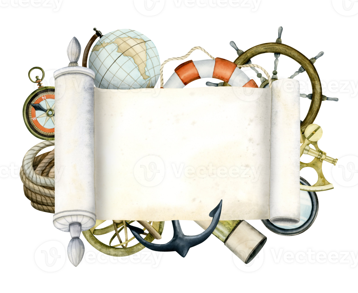 Travelling, sailing and navigation instruments with paper scroll nautical watercolor illustration with spyglass, compass, globe, sextant, anchor, buoy, steering wheel png