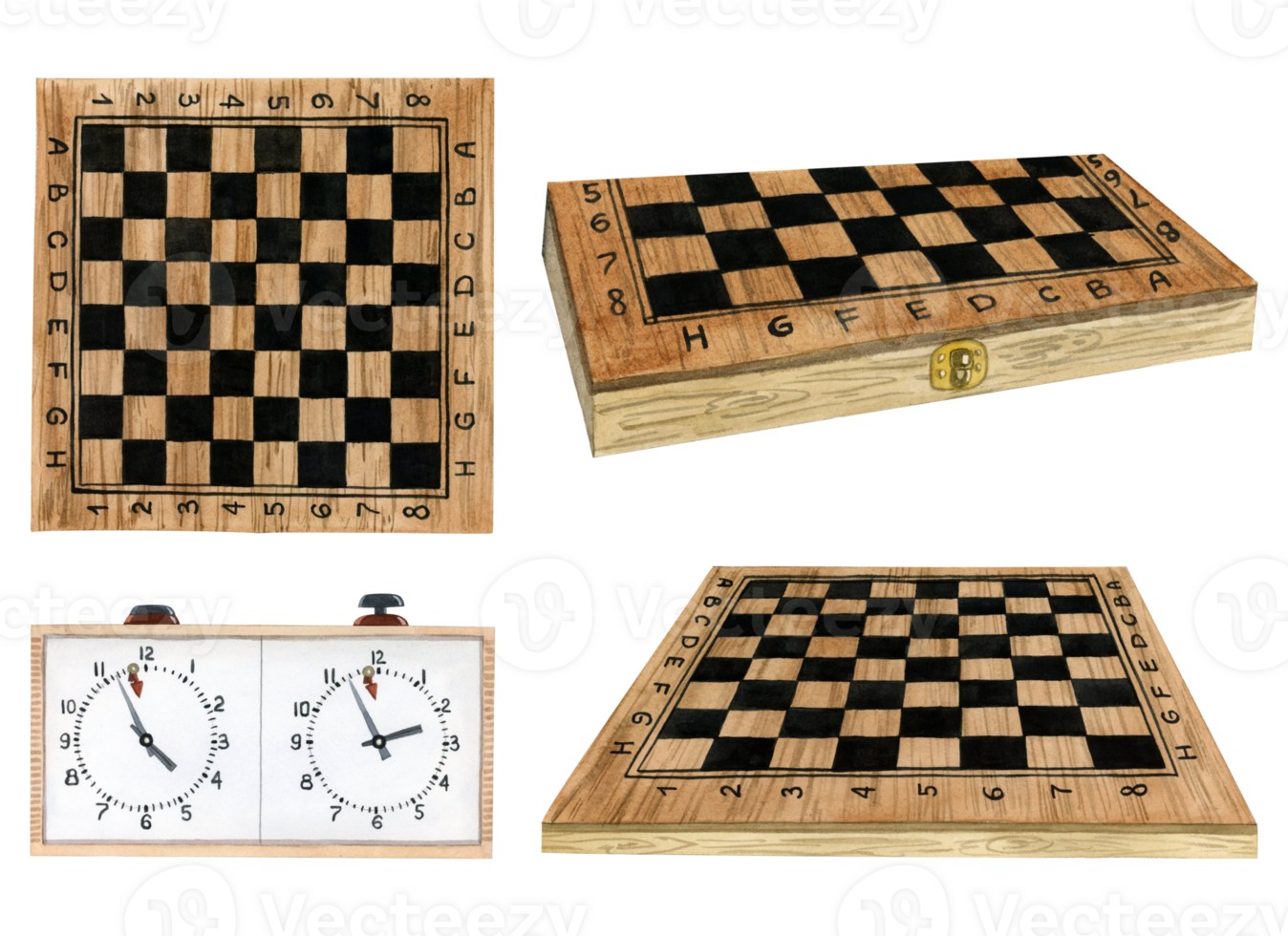 Watercolor chess boards and clock set hand drawn realistic illustration. Empty wooden chessboard for intellectual game competition and Chess Day designs png