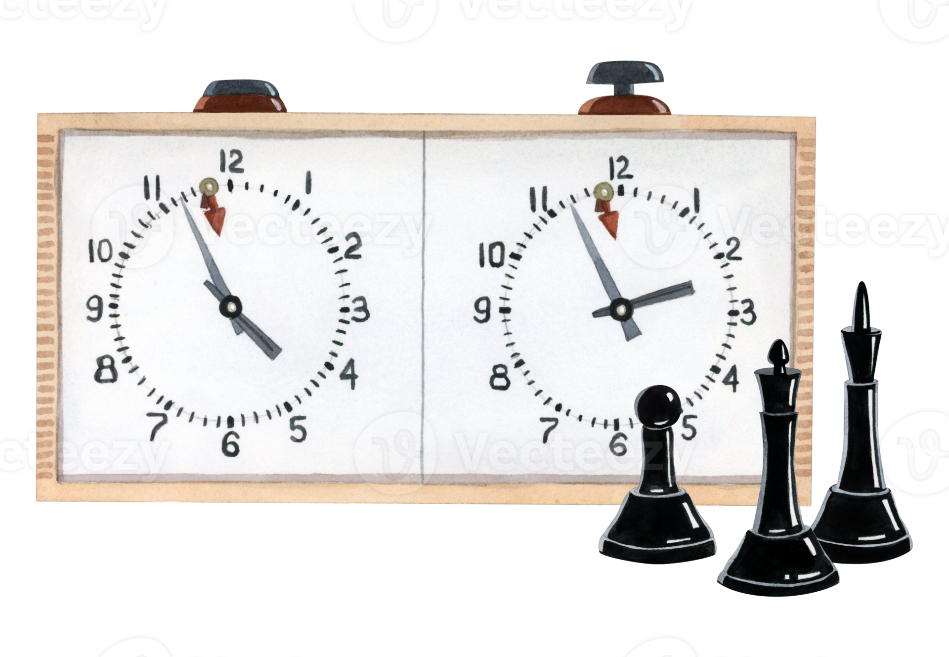 Black king, queen and pawn chess pieces with wooden classic chess clock