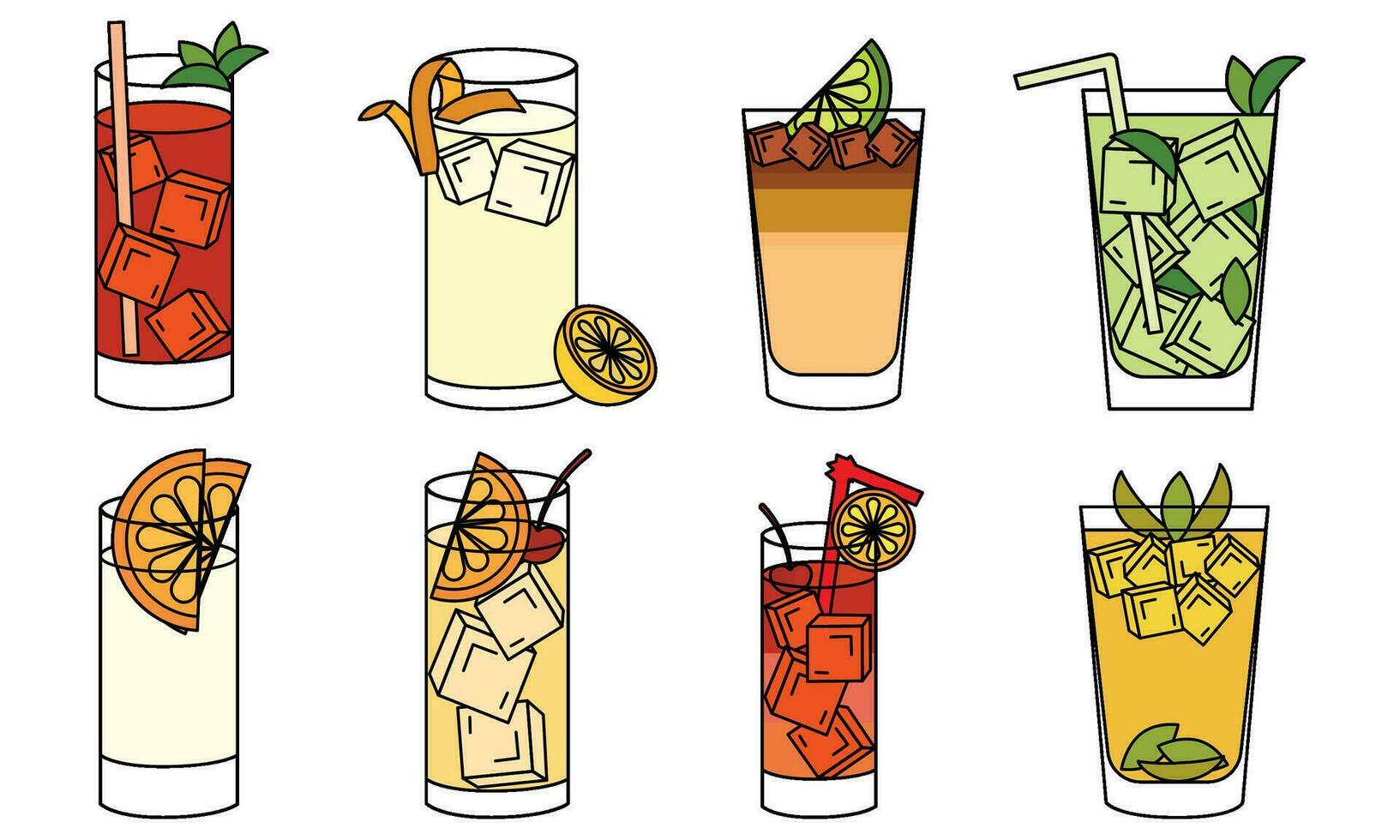 Set of colored tropical cocktail sketch icons Vector