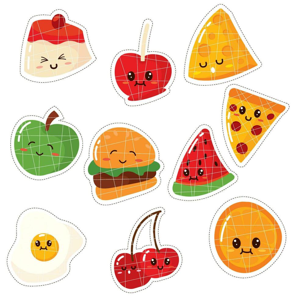 Set of colored cute food emoji icons Vector