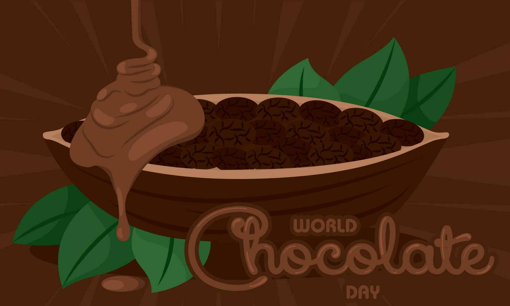 Melted chocolate on a bowl with cocoa beans World chocolate day Vector