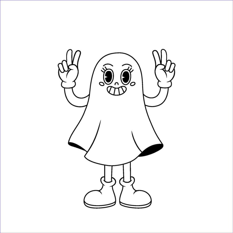 Comic retro cartoon ghost character with happy smile face. Groovy vector illustration in line style.