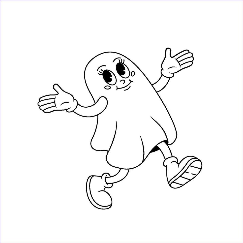 Comic retro cartoon ghost character with happy smile face. Groovy vector illustration in line style.