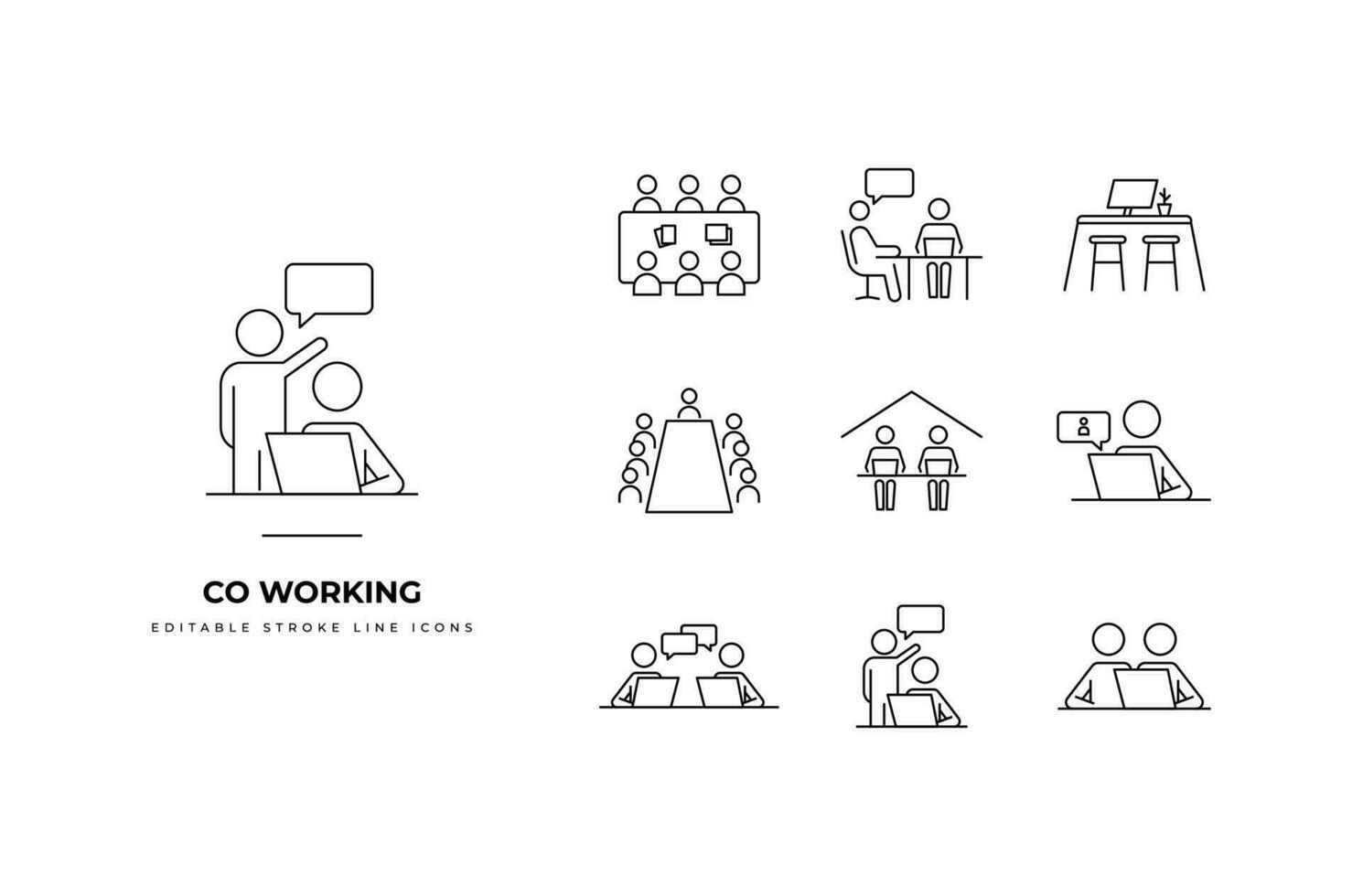 Set of co-working Icons. Simple line art and editable stroke icons pack. vector