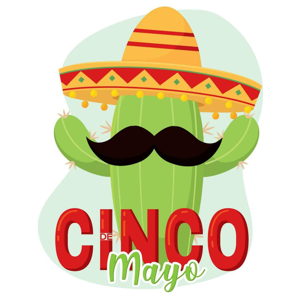 Isolated cactus with mexican hat and mustache Cinco de mayo Vector