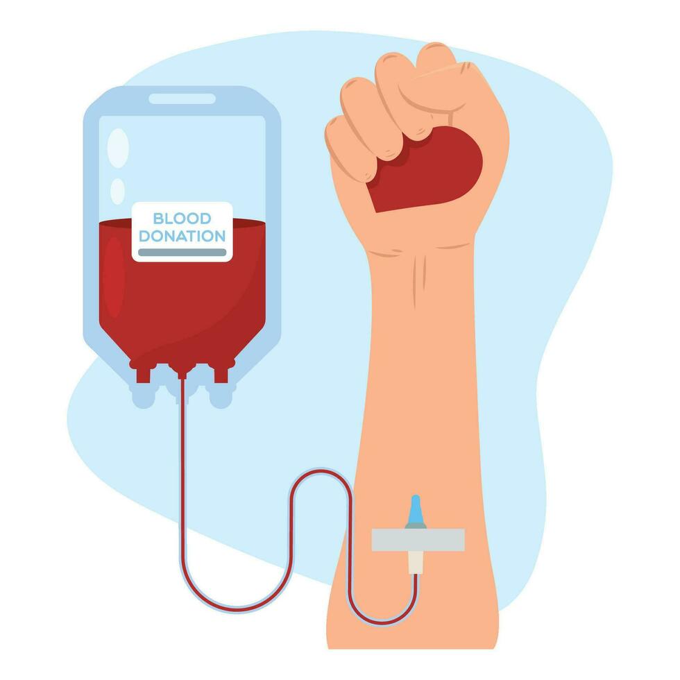 Arm connected to a bloog bag Blood donation Vector