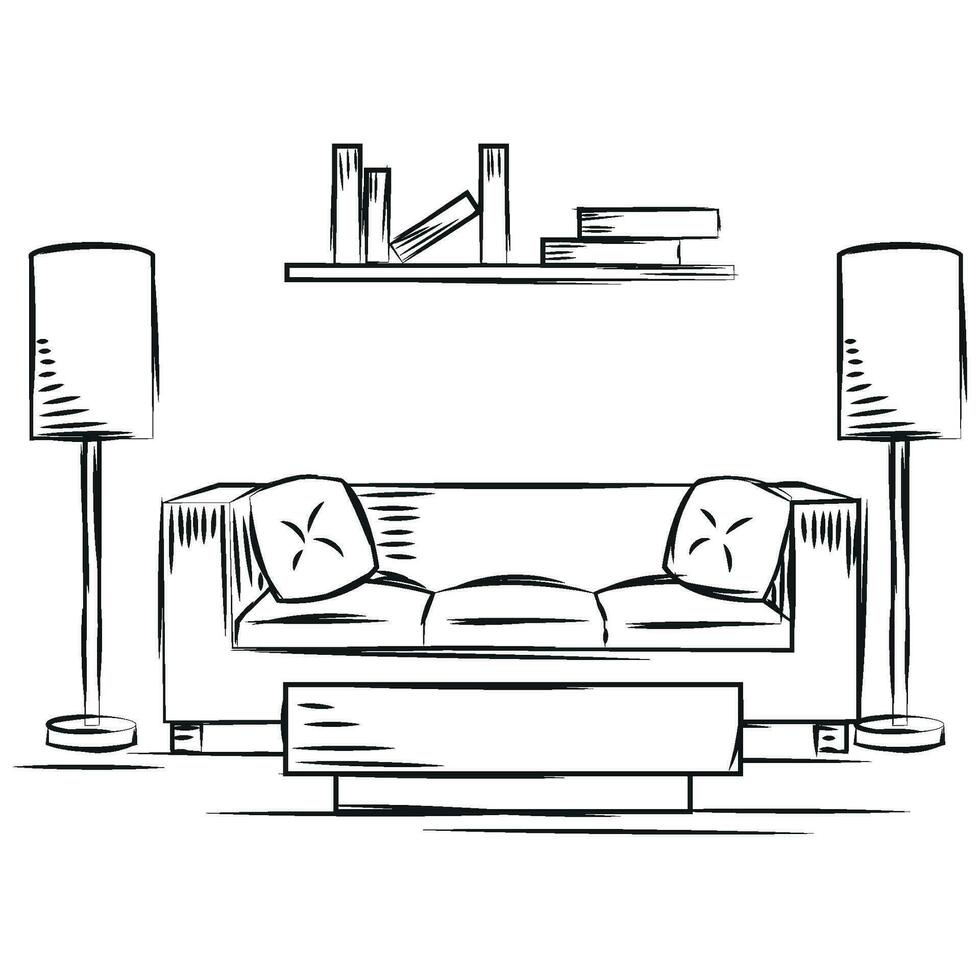 Sketch of a living room design with pair of lamps and a couch Vector