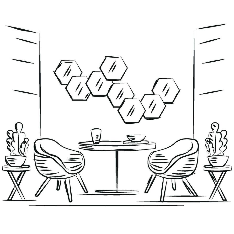 Sketch of an indoor living room design with mirros and a table Vector