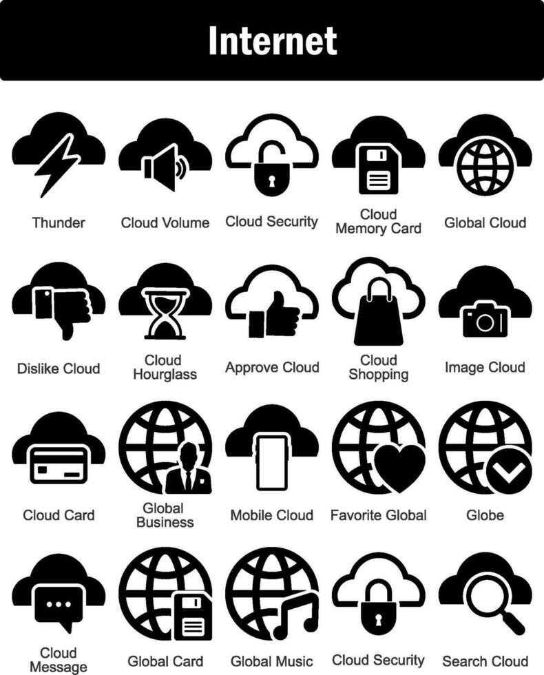 A set of 20 Internet icons as thunder, cloud volume, cloud security vector