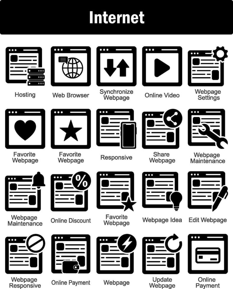 A set of 20 Internet icons as hosting, web browser, synchronize webpage vector