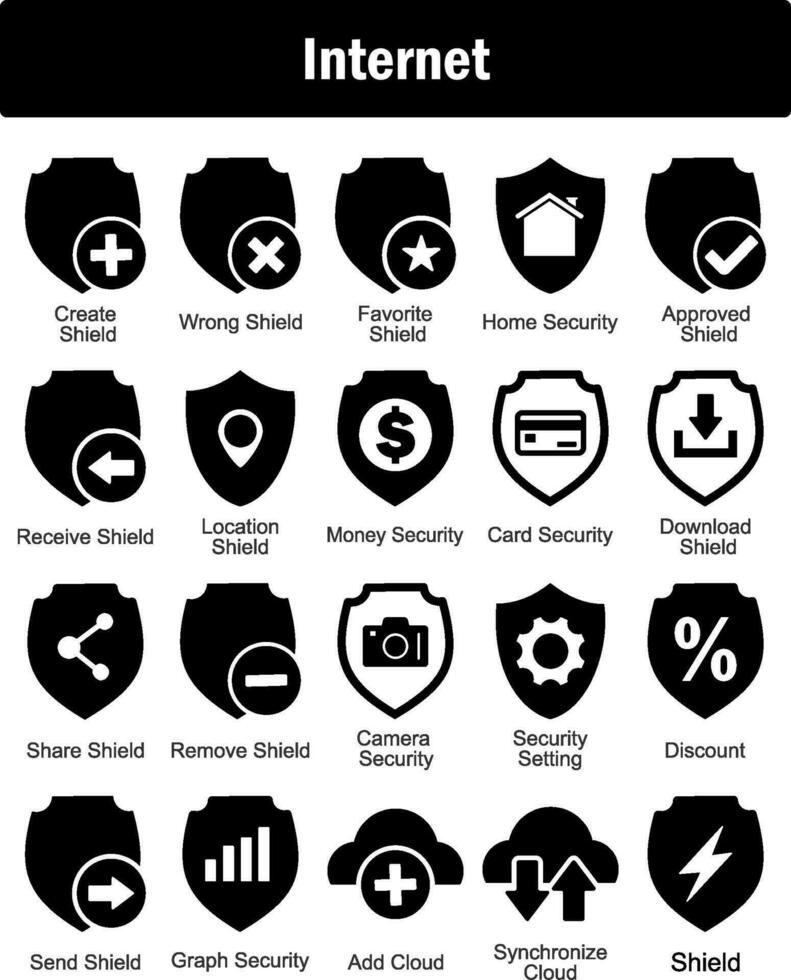 A set of 20 Internet icons as create shield, wrong shield, favorite shield vector