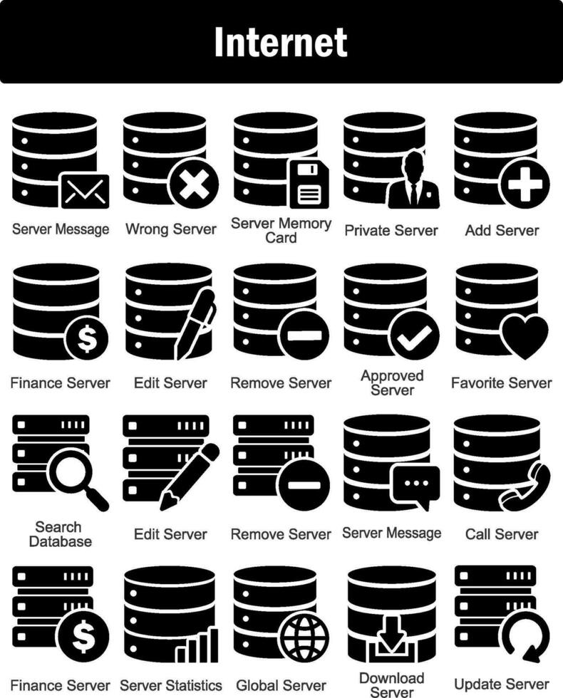A set of 20 Internet icons as server message, wrong server, server memory card vector