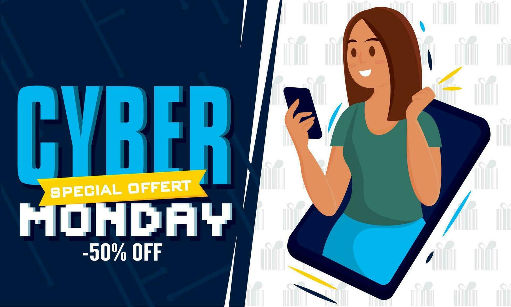 Female character shopping on mobile phone Cyber monday Vector