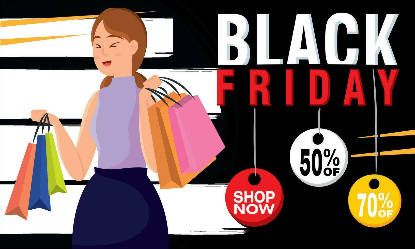 Girl character holding shopping bags Black friday poster Vector