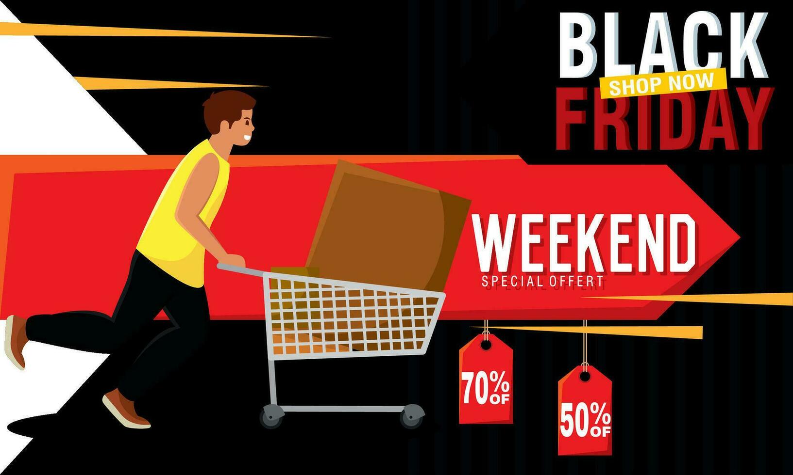 Girl character with shopping cart Black friday poster Vector