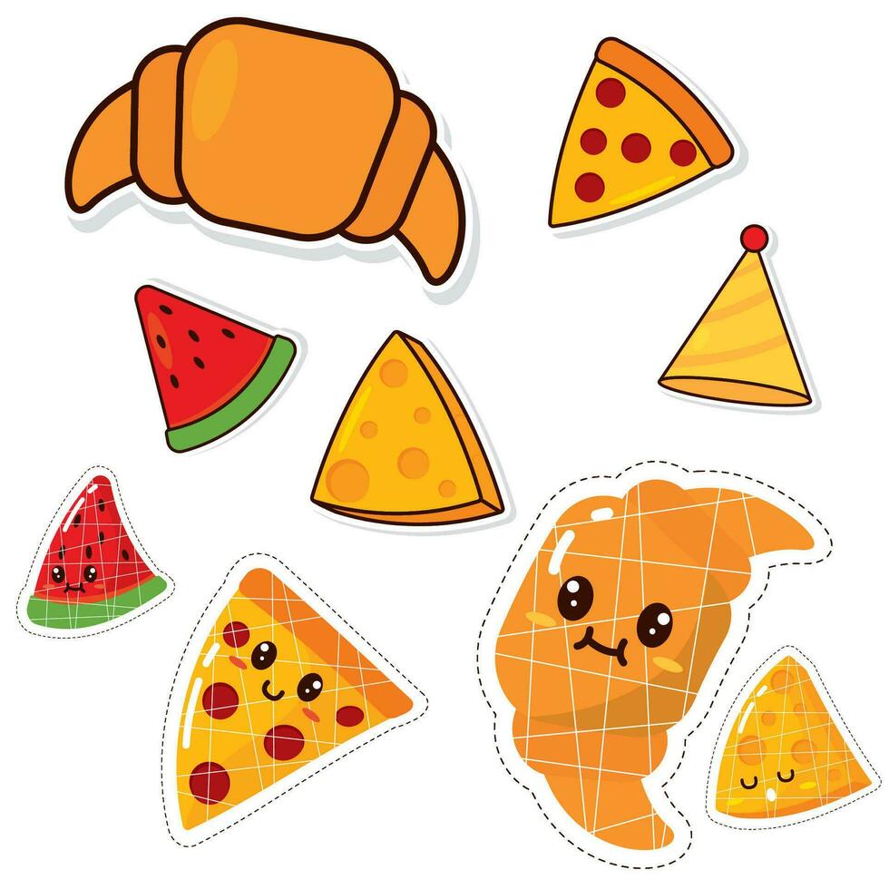 Set of colored cute food emoji icons Vector