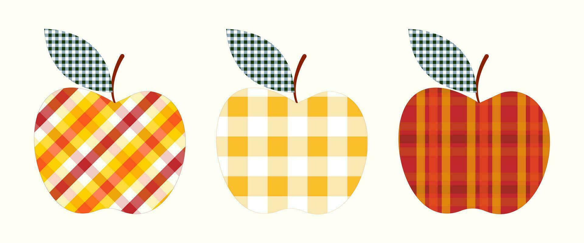Clip art set of apples in tartan texture, on isolated background. Hand drawn background for Autumn harvest holiday, Thanksgiving, Halloween, seasonal, textile, scrapbooking. vector