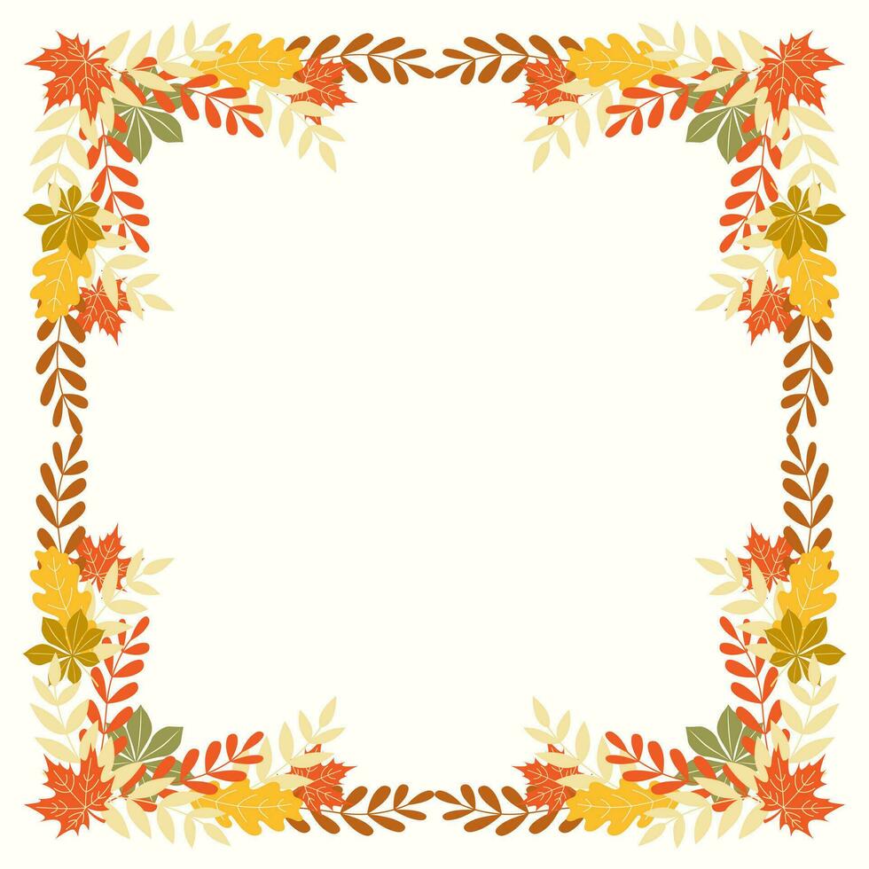 Clip art of hand drawn square wreath of Autumn leaves on isolated background. Floral frame for Autumn harvest, Thanksgiving, Halloween and seasonal celebration, textile, scrapbooking, paper crafts. vector